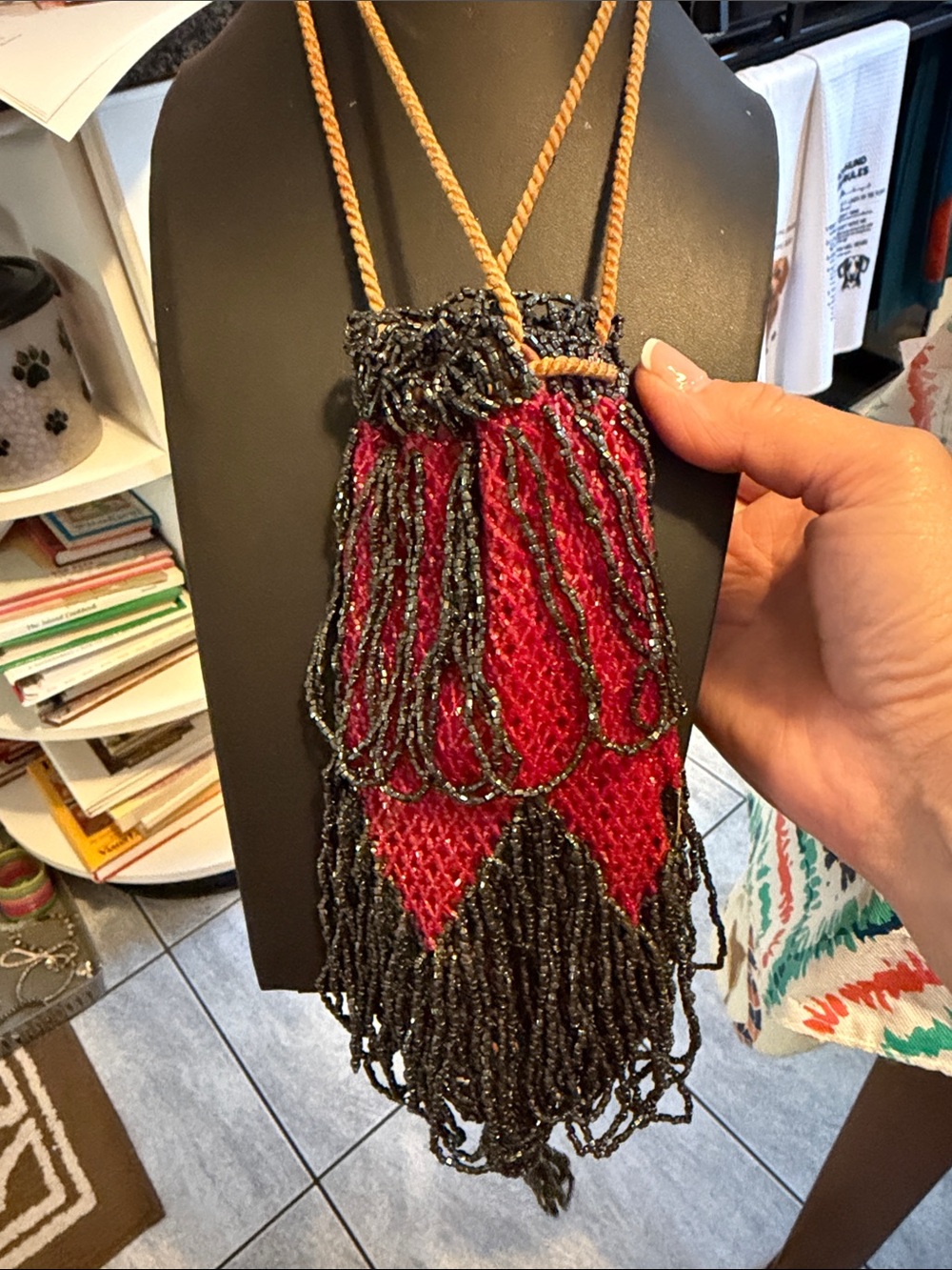 Black Beaded Fringe purse old w xtra beads good-fair condition; pull top corded